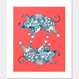 Paisley Oxen (Coral and Teal Palette) Posters and Art